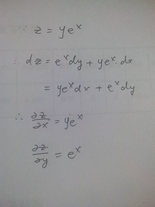 二元函数z=ye^x的偏导数与全微分求解